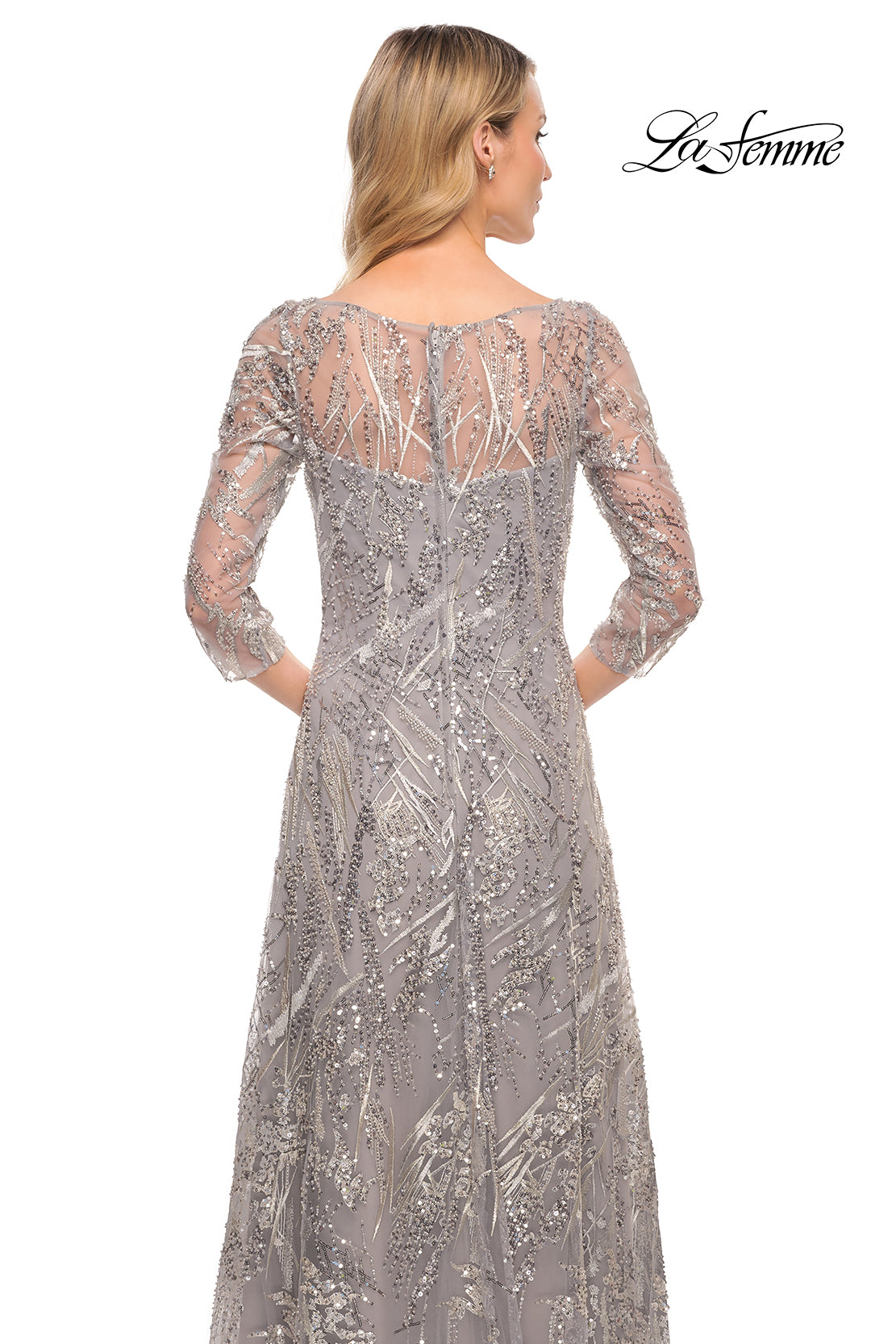 Picture of: Long Evening Gown with Unique Lace Beaded Design in Silver, Style: 30161, Detail Picture 2