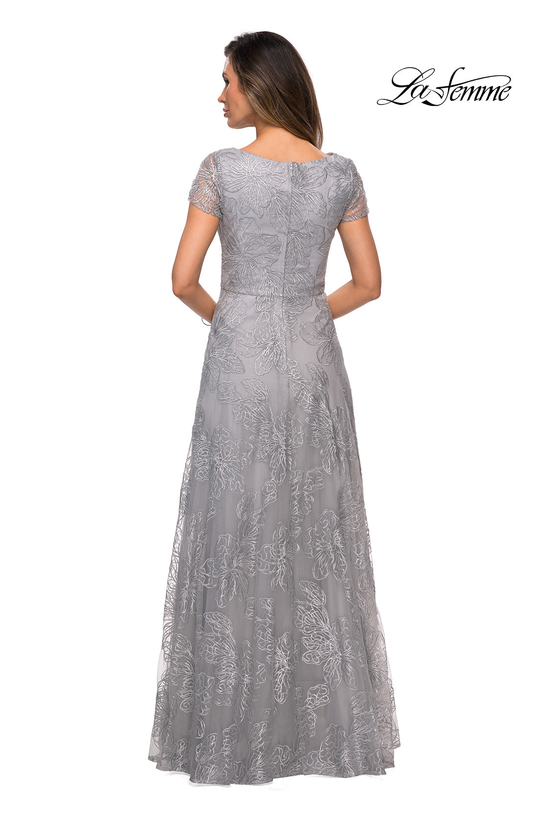 Picture of: Sequin Lace A-line Gown with Sheer Short Sleeves in Silver , Style: 27837, Detail Picture 3