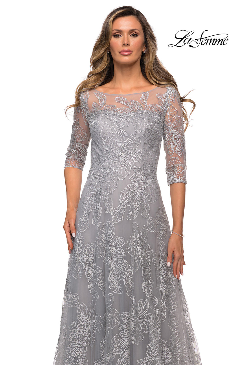 Picture of: A-line Lace Sequin Gown with Sheer Scoop Neckline in Silver, Style: 27942, Detail Picture 3
