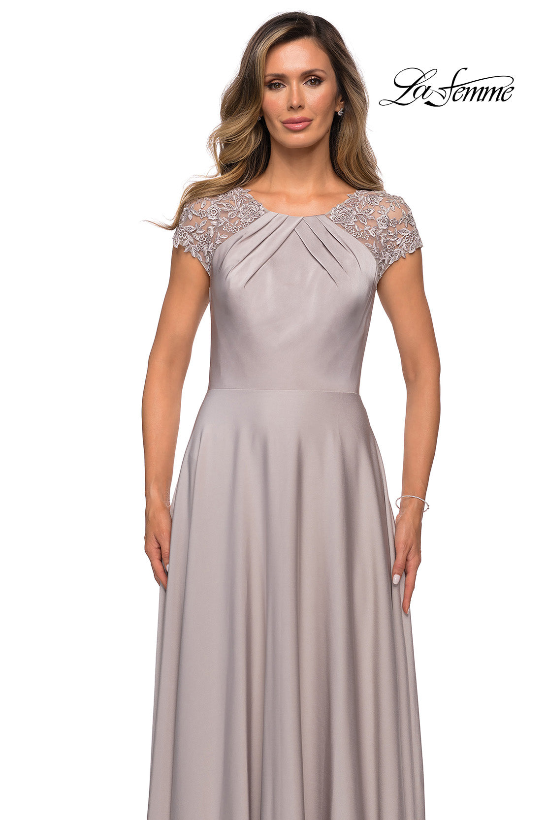 Picture of: Long Satin Dress with Sheer Floral Lace Cap Sleeves in Silver, Style: 28100, Detail Picture 3