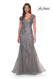 Picture of: Lace and Tulle Mermaid Gown with Cap Sleeves in Silver, Style: 30269, Detail Picture 3