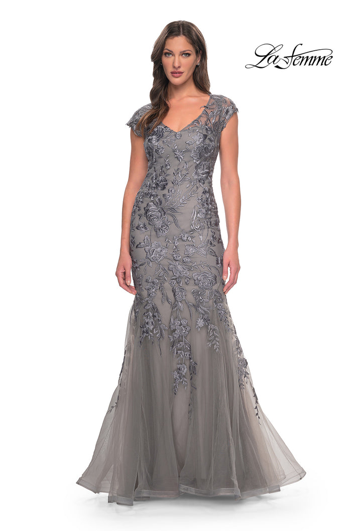 Picture of: Lace and Tulle Mermaid Gown with Cap Sleeves in Silver, Style: 30269, Detail Picture 3