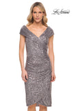 Picture of: Off the Shoulder Sequin Short Evening Dress with Ruching in Silver, Style: 30323, Detail Picture 3