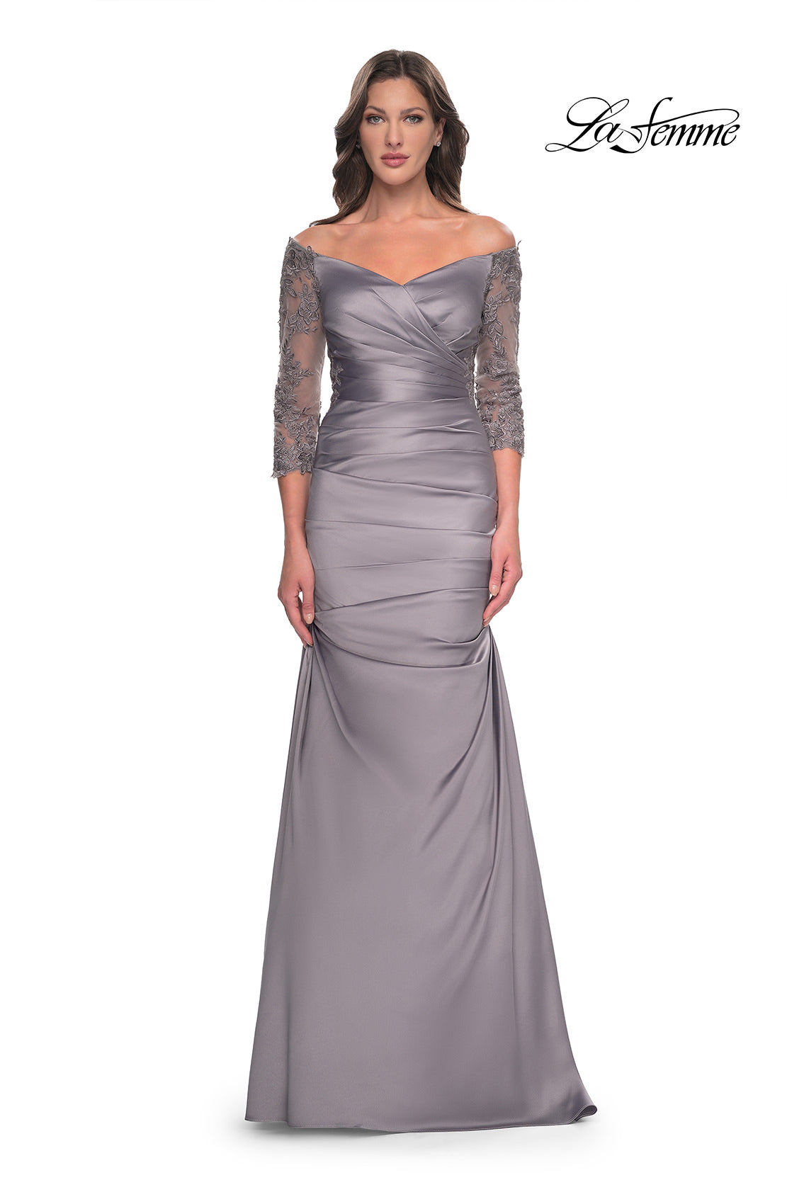 Picture of: Mermaid Satin Dress with Gathering and Off the Shoulder Top in Silver, Style: 30853, Detail Picture 3
