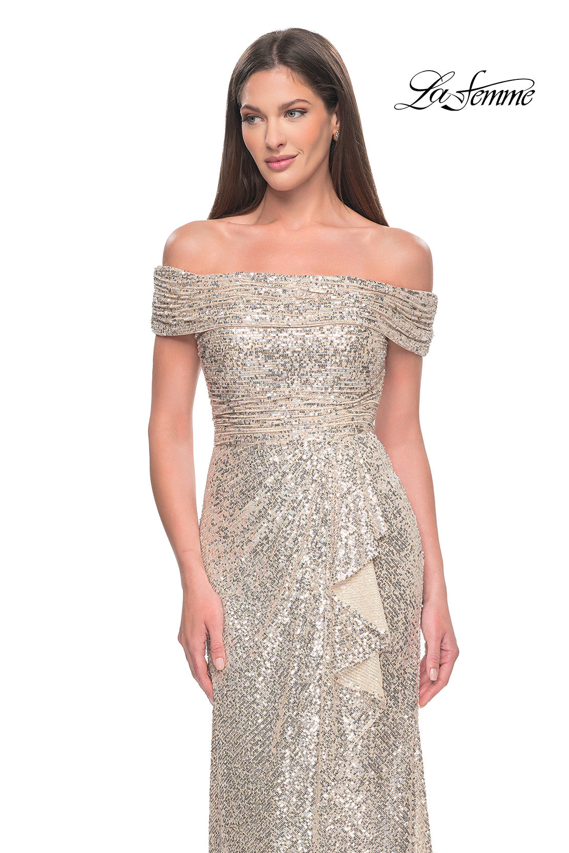 Picture of: Off the Shoulder Sequin Gown with Ruching in Silver, Style: 31772, Detail Picture 3