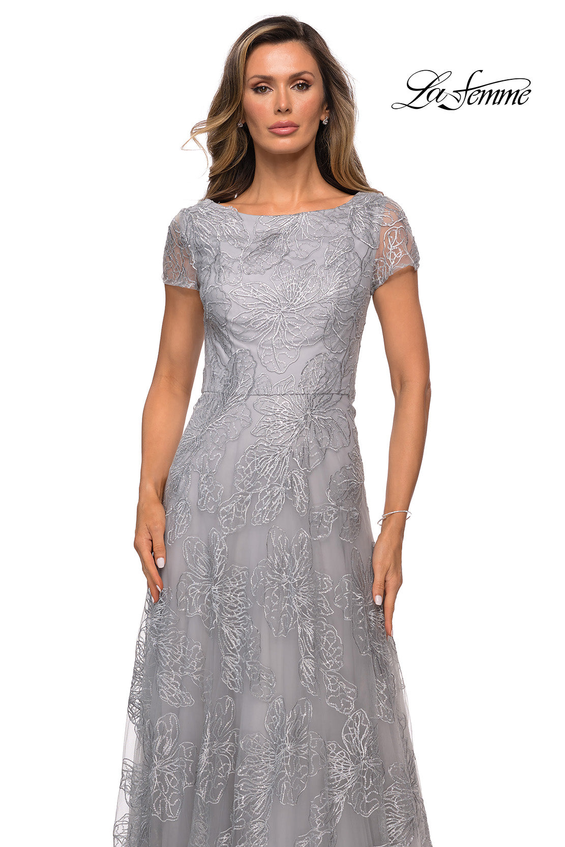 Picture of: Sequin Lace A-line Gown with Sheer Short Sleeves in SIlver, Style: 27837, Detail Picture 4