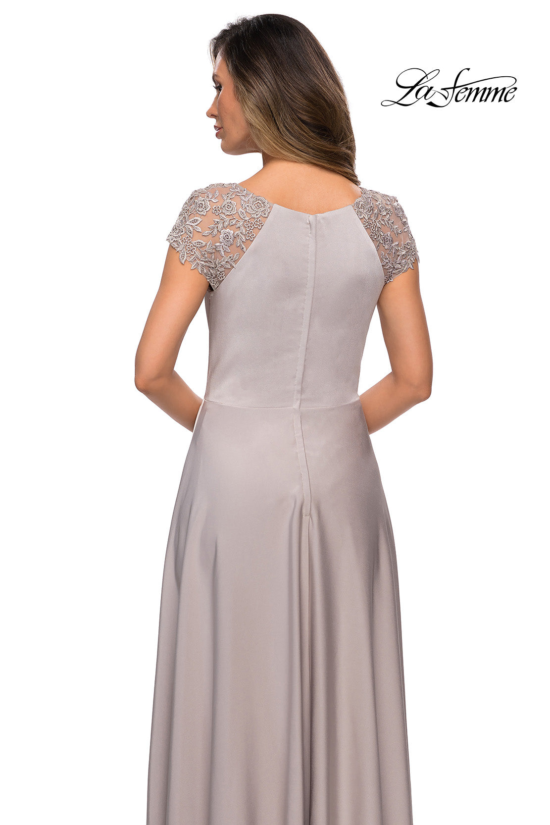 Picture of: Long Satin Dress with Sheer Floral Lace Cap Sleeves in Silver, Style: 28100, Detail Picture 4