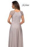Picture of: Long Satin Dress with Sheer Floral Lace Cap Sleeves in Silver, Style: 28100, Detail Picture 4