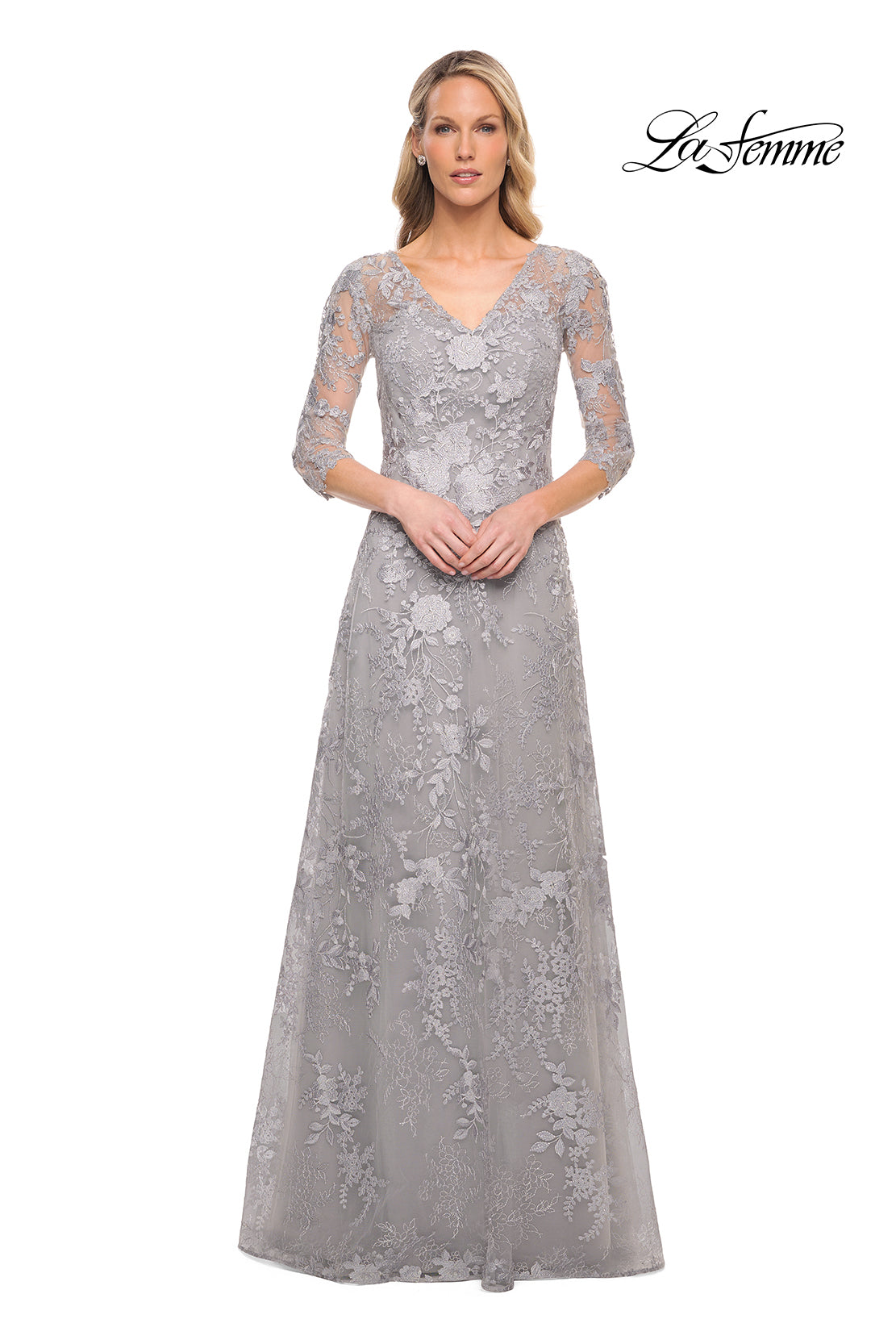 Picture of: Long Lace Evening Dress with V Neckline and Sleeves in Silver, Style: 29989, Detail Picture 4