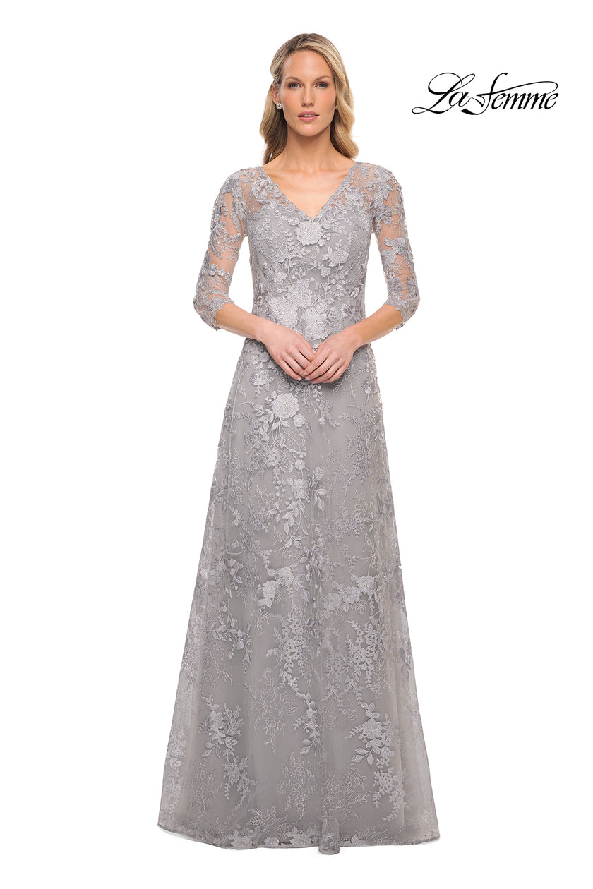 Picture of: Long Lace Evening Dress with V Neckline and Sleeves in Silver, Style: 29989, Detail Picture 4