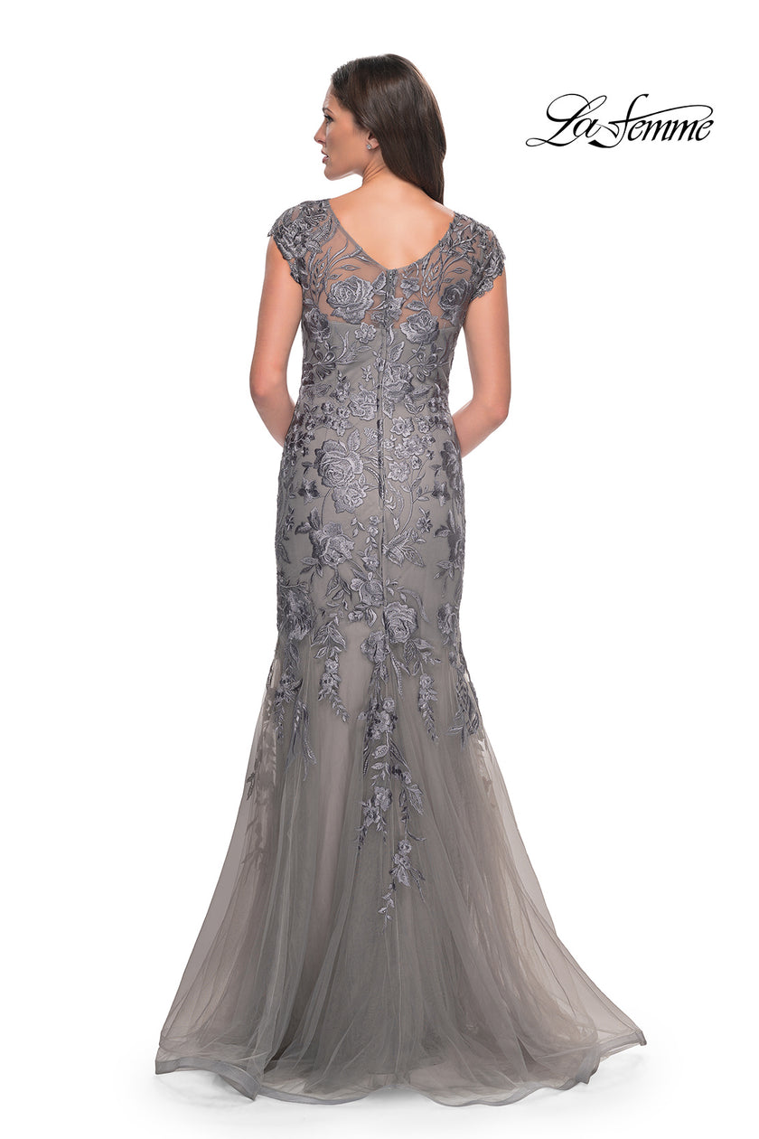 Picture of: Lace and Tulle Mermaid Gown with Cap Sleeves in Silver, Style: 30269, Detail Picture 4