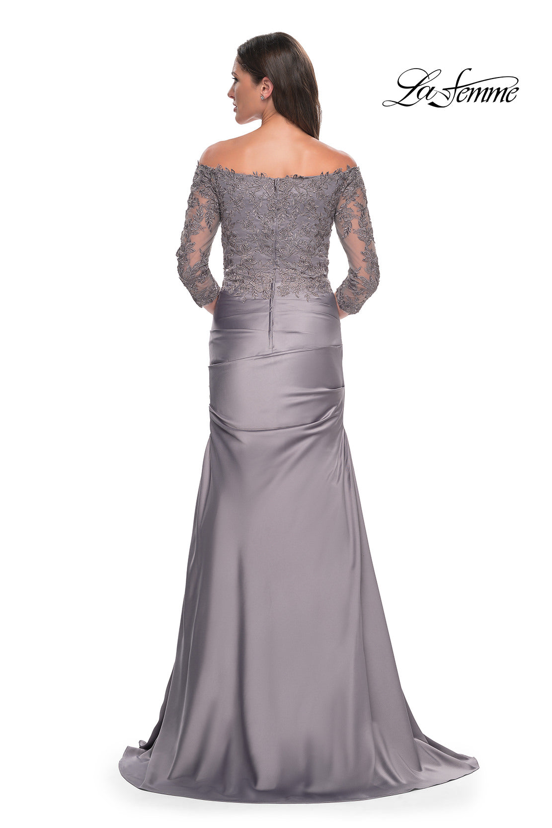 Picture of: Mermaid Satin Dress with Gathering and Off the Shoulder Top in Silver, Style: 30853, Detail Picture 4