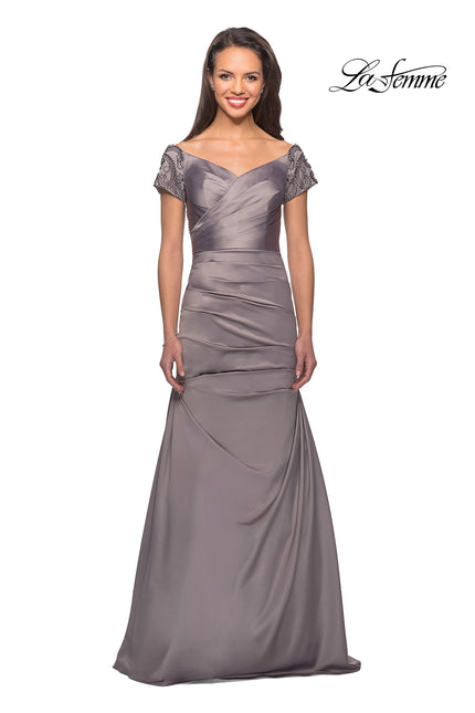 Picture of: Satin Off the Shoulder Dress with Beaded Sleeves, Style: 25996, Detail Picture 5