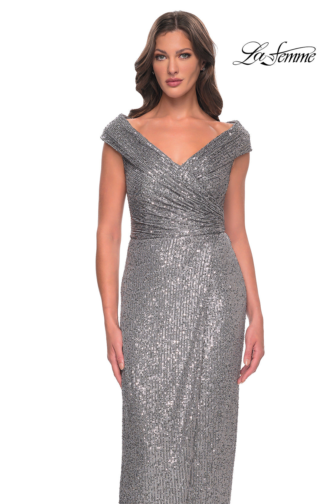 Picture of: Sequin Long Evening Dress with Ruching and V Neck in Silver, Style: 30326, Detail Picture 5
