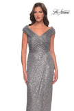 Picture of: Sequin Long Evening Dress with Ruching and V Neck in Silver, Style: 30326, Detail Picture 5