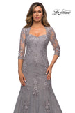 Picture of: Long Lace Mermaid Gown with Square Neckline in Silver, Style: 28033, Detail Picture 6