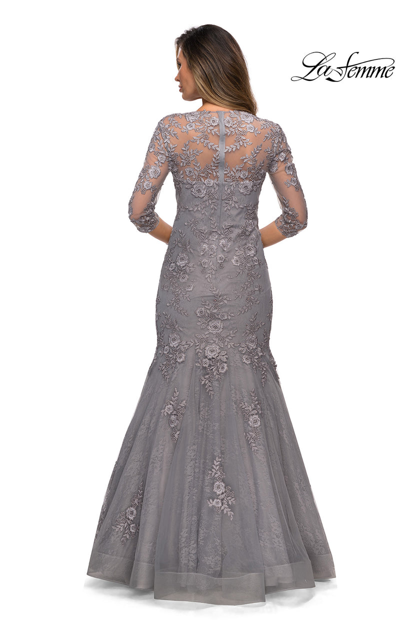 Picture of: Long Lace Mermaid Gown with Square Neckline in Silver, Style: 28033, Detail Picture 7