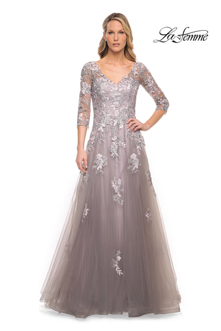 Picture of: Elegant A-Line Gown with Lace Applique and V Neck in Silver, Style: 30229, Main Picture