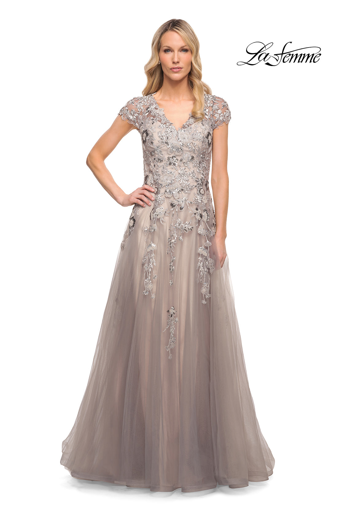 Picture of: Beaded Lace A-line Gown with Short Sleeves in Silver, Style: 30239, Main Picture