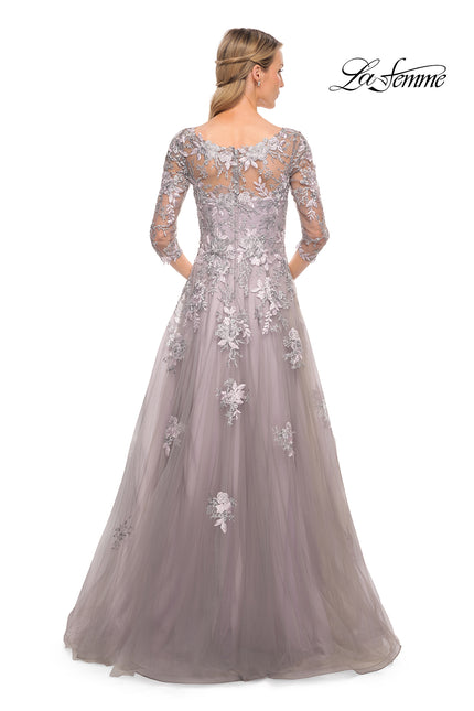 Picture of: Elegant A-Line Gown with Lace Applique and V Neck in Silver, Style: 30229, Back Picture