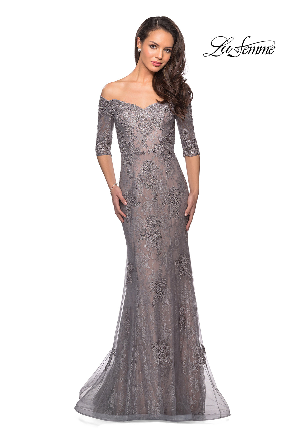 Picture of: Long Prom Gown with Scattered Lace Overlay in Silver Pink, Style: 24866, Detail Picture 1