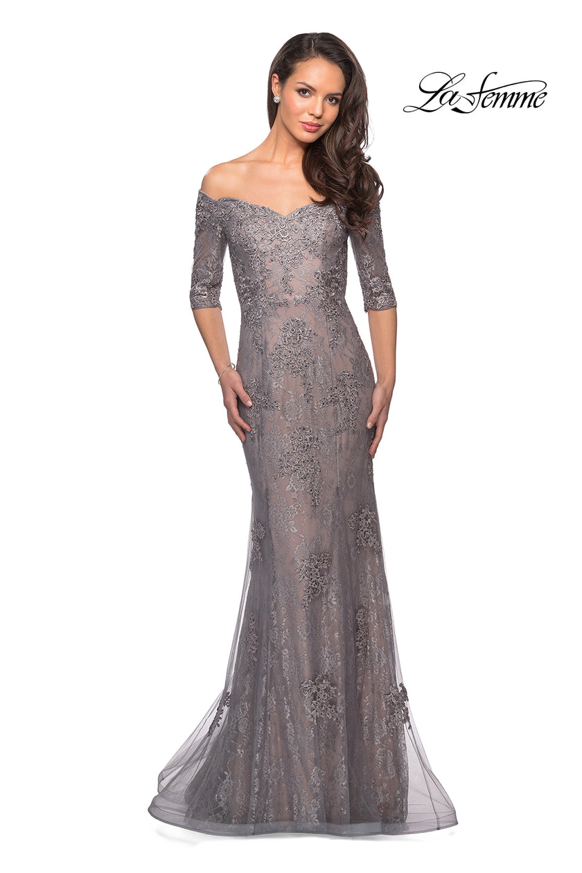 Picture of: Long Prom Gown with Scattered Lace Overlay in Silver Pink, Style: 24866, Detail Picture 1