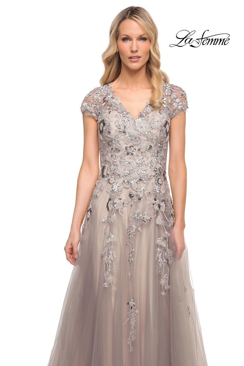 Picture of: Beaded Lace A-line Gown with Short Sleeves in Silver, Style: 30239, Detail Picture 1