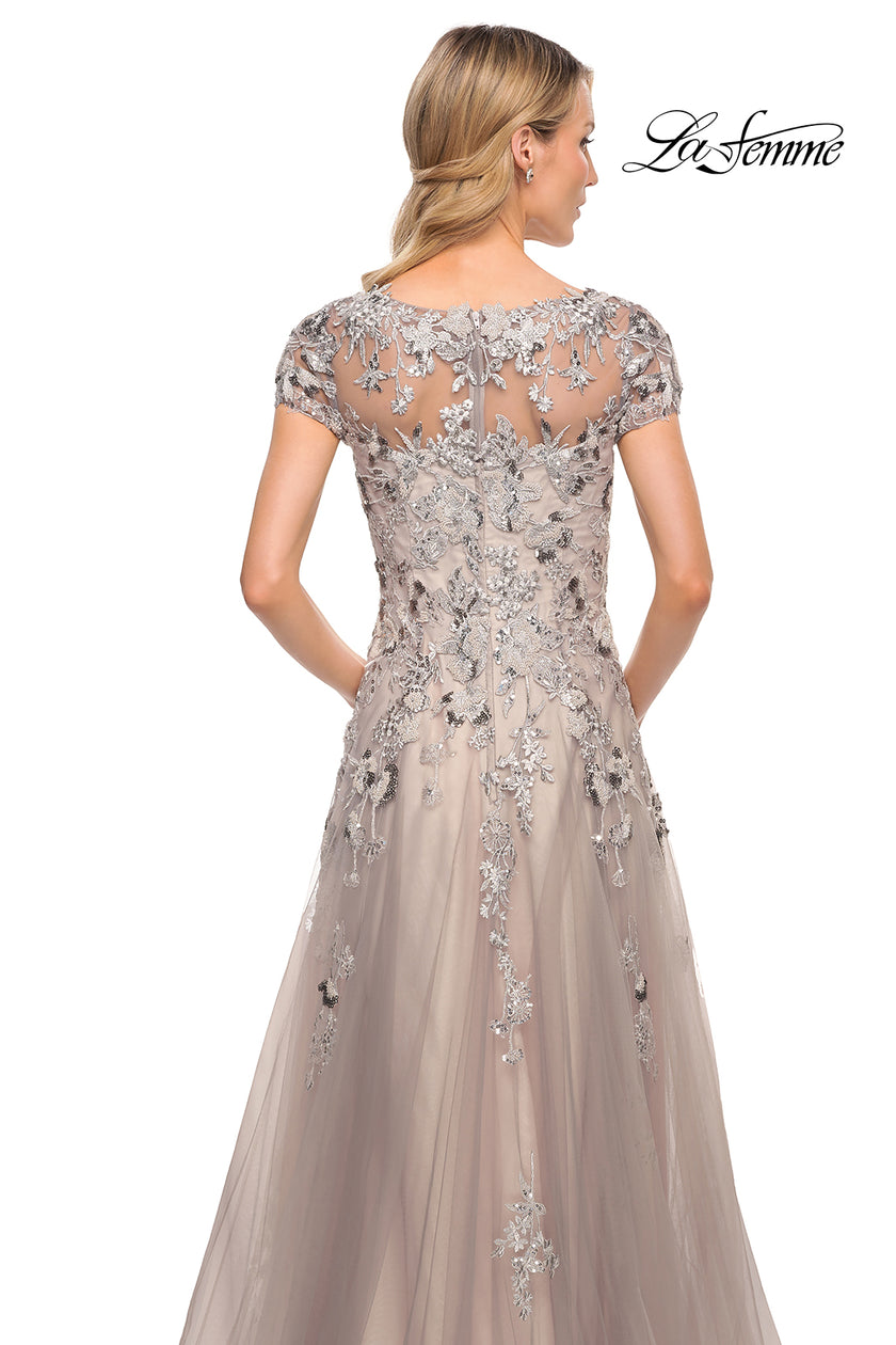 Picture of: Beaded Lace A-line Gown with Short Sleeves in Silver, Style: 30239, Detail Picture 2