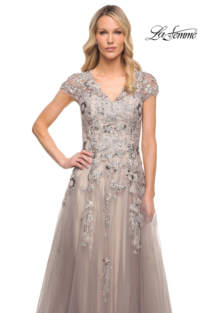 Picture of: Beaded Lace A-line Gown with Short Sleeves in Silver, Style: 30239, Detail Picture 3