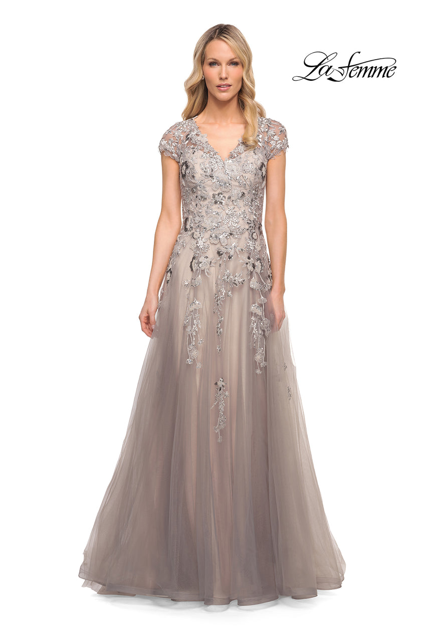 Picture of: Beaded Lace A-line Gown with Short Sleeves in Silver, Style: 30239, Detail Picture 4