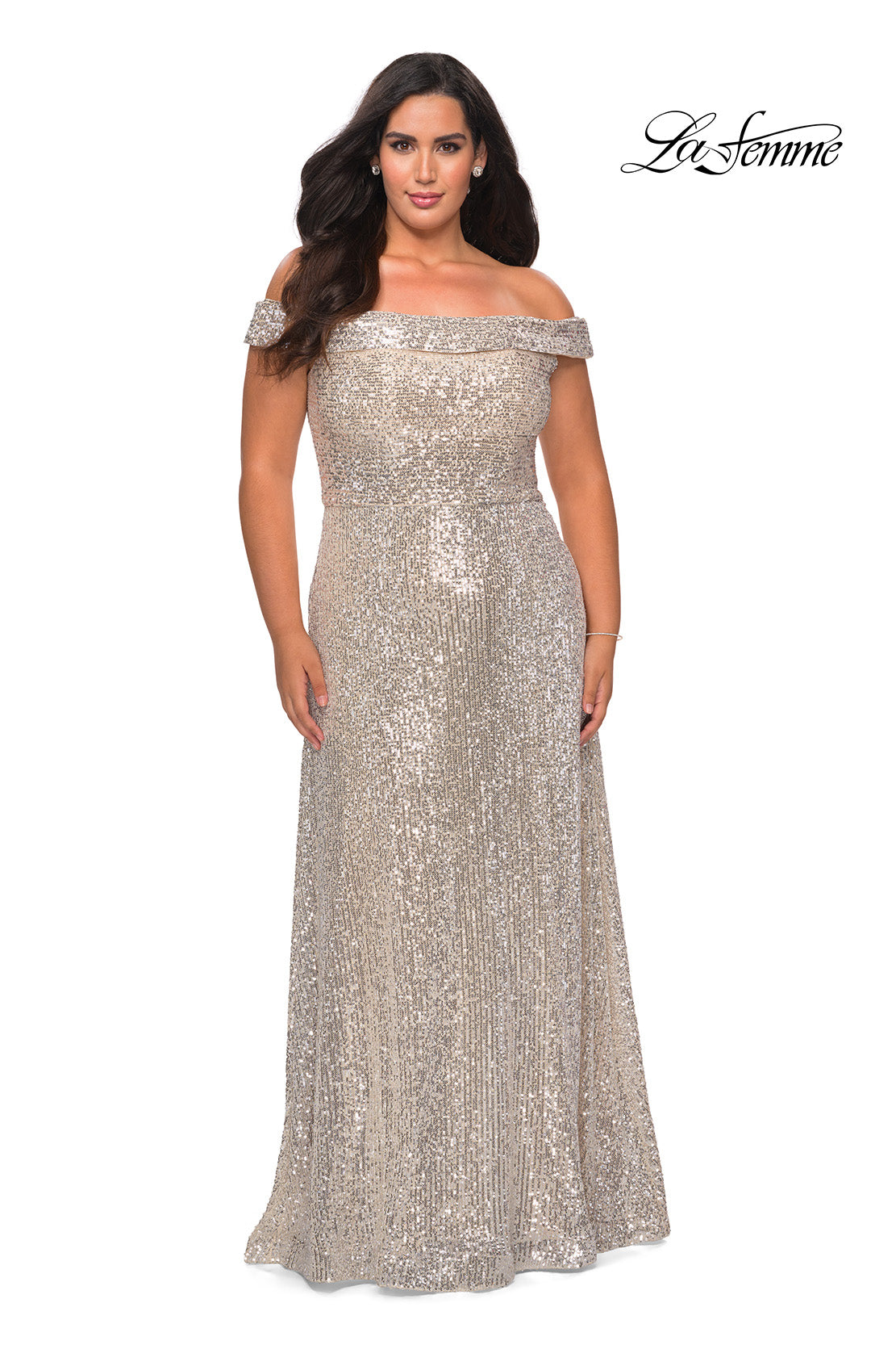 Picture of: Off the Shoulder Sequin Curvy Prom Dress in Silver, Style: 28988, Main Picture