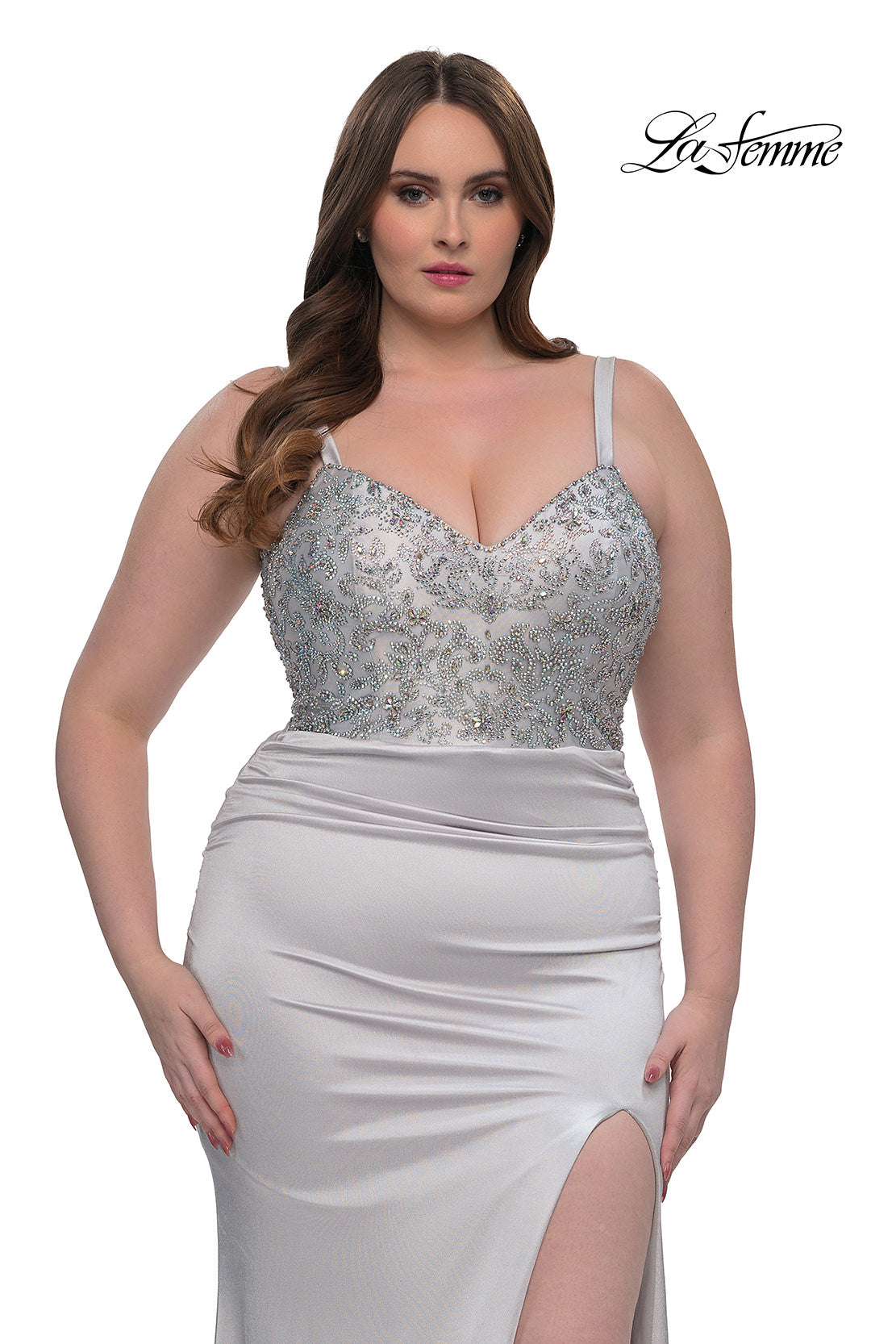 Picture of: Stretch Satin Plus Dress with Beautiful Rhinestone Designed Bodice in Silver , Style: 32430, Detail Picture 1