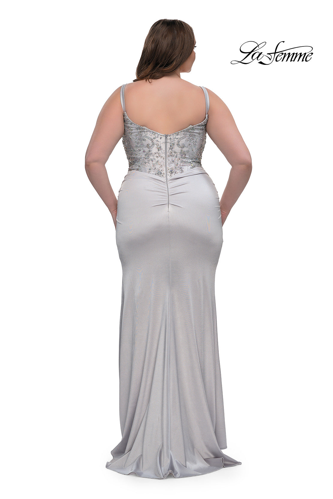 Picture of: Stretch Satin Plus Dress with Beautiful Rhinestone Designed Bodice in Silver , Style: 32430, Detail Picture 2