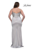 Picture of: Stretch Satin Plus Dress with Beautiful Rhinestone Designed Bodice in Silver , Style: 32430, Detail Picture 2