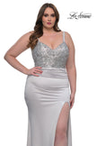 Picture of: Stretch Satin Plus Dress with Beautiful Rhinestone Designed Bodice in Silver , Style: 32430, Detail Picture 7