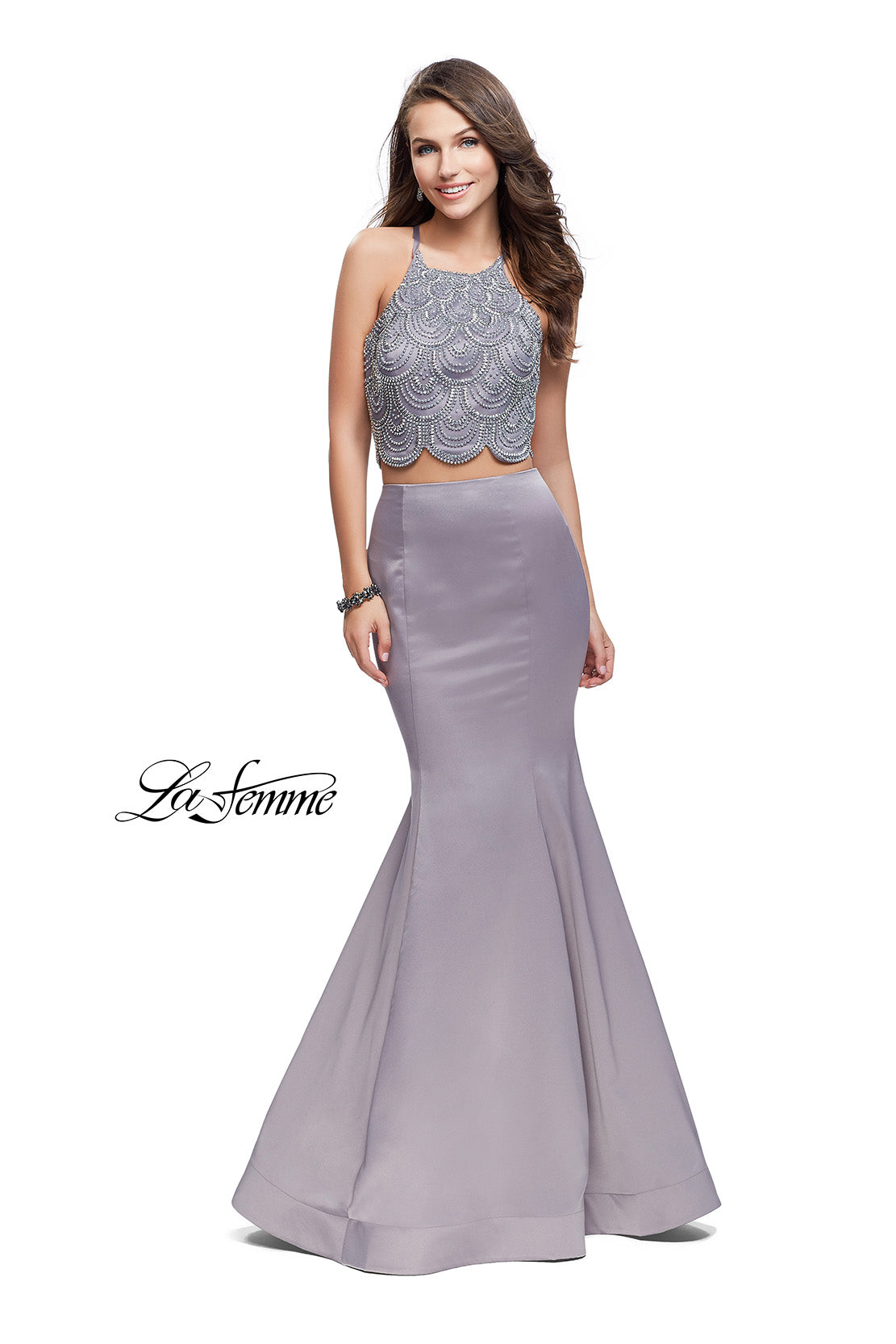 Picture of: Two Piece High Neck Prom Dress with Beading in Silver, Style: 26035, Main Picture