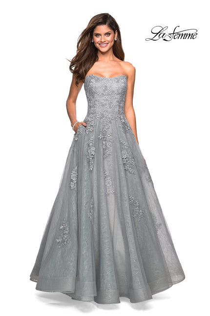 Picture of: Strapless Sweetheart Ball Gown with Lace Details in Silver, Style: 27493, Main Picture