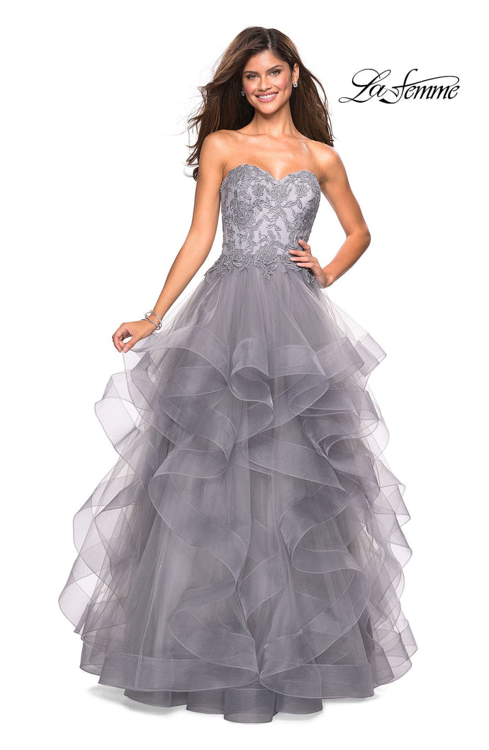 Picture of: Strapless Tulle Prom Gown with Lace Embellishments in Silver, Style: 27620, Main Picture
