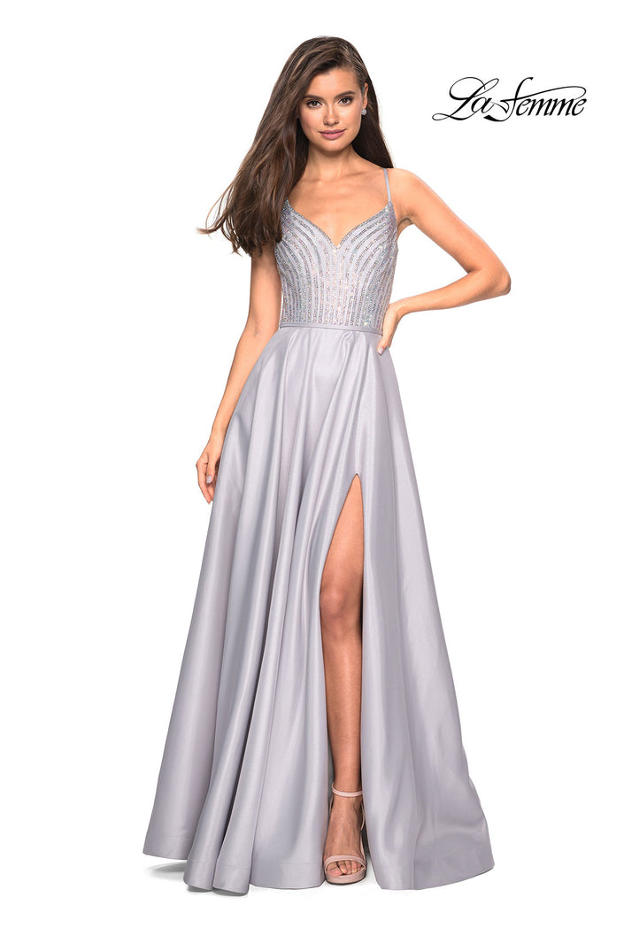 Picture of: Long Mikado Gown with Rhinestone Bodice and Slit in Silver, Style: 27634, Main Picture
