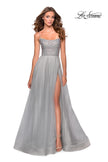 Picture of: Long Tulle Ball Gown with Beaded Bodice and Slit in Silver, Style: 28530, Main Picture