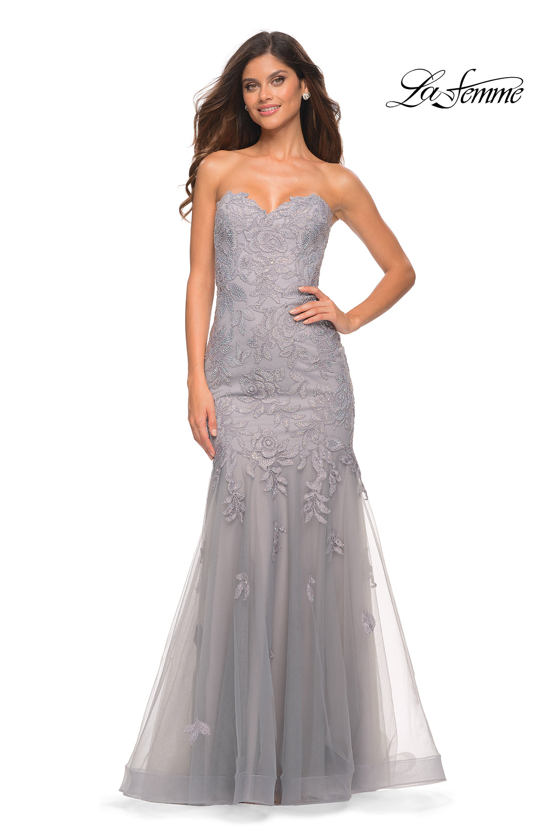 Picture of: Mermaid Strapless Elegant Lace and Tulle Gown in Silver, Main Picture