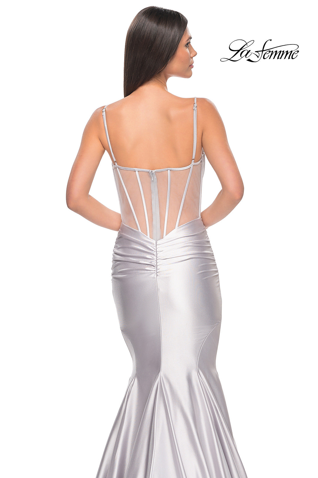 Picture of: Satin Mermaid Prom Gown with Corset Top in Silver, Style: 32269, Detail Picture 8