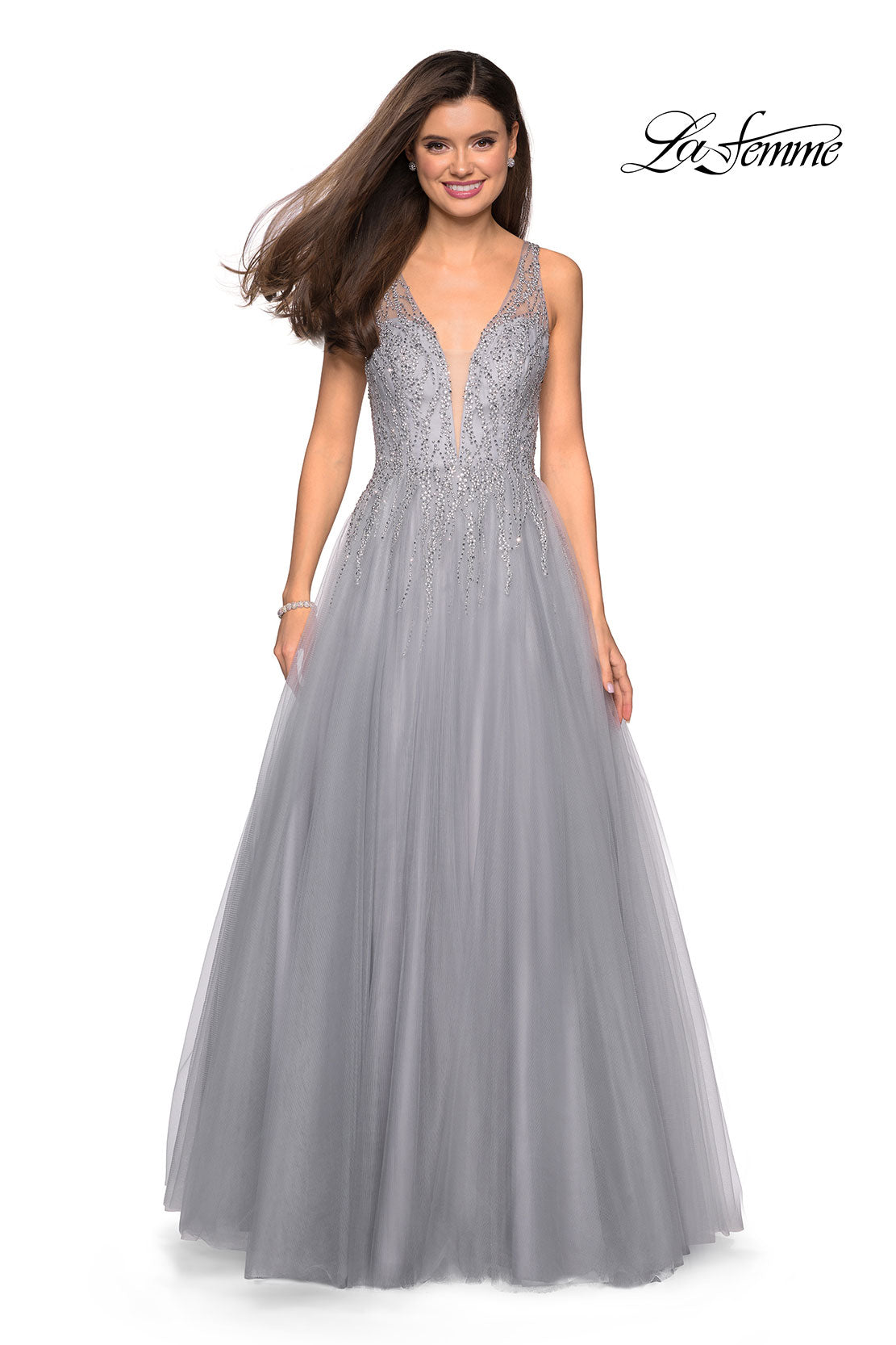 Picture of: A-Line Prom Dress with Rhinestones and Deep V Back in Silver, Style: 27688, Detail Picture 9