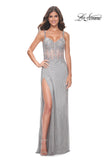 Picture of: Rhinestone Fishnet Dress with Lace Detail on Sheer Bodice in Silver, Style: 32232, Detail Picture 9