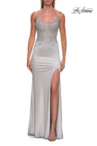 Picture of: Rhinestone Lace Bodice Gown with Slit and Lace-Up Back in Silver, Style: 33498, Detail Picture 9