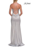 Picture of: Rhinestone Lace Bodice Gown with Slit and Lace-Up Back in Silver, Style: 33498, Detail Picture 10