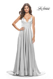 Picture of: A-Line Satin Gown with Ruched Bodice and V Neck in Silver, Style: 31505, Detail Picture 11