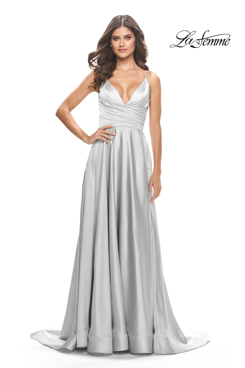 Picture of: A-Line Satin Gown with Ruched Bodice and V Neck in Silver, Style: 31505, Detail Picture 11