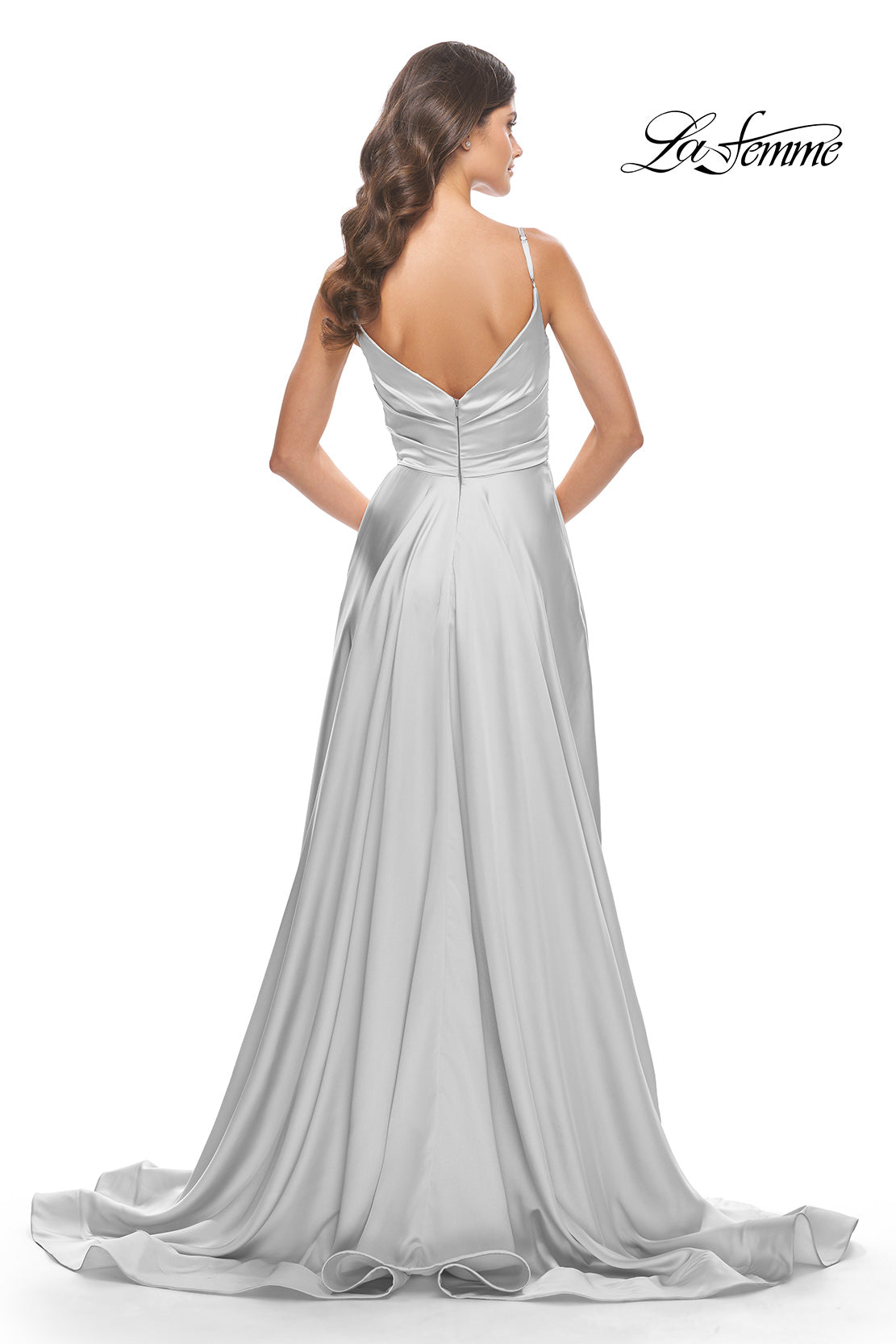 Picture of: A-Line Satin Gown with Ruched Bodice and V Neck in Silver, Style: 31505, Detail Picture 12
