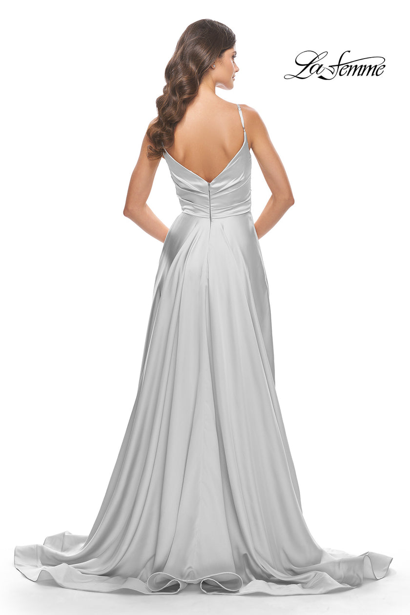 Picture of: A-Line Satin Gown with Ruched Bodice and V Neck in Silver, Style: 31505, Detail Picture 12